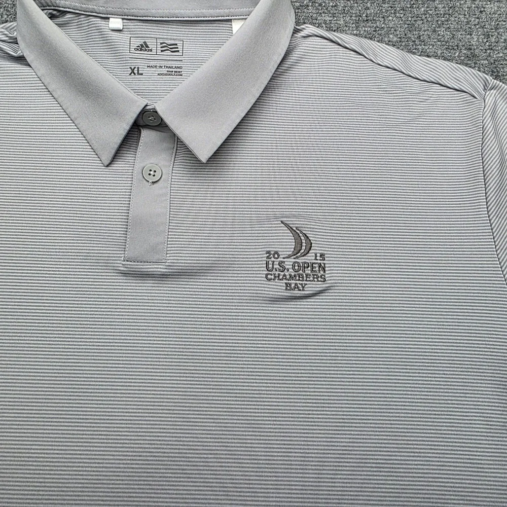 Adidas Golf Shirt Mens XL Gray Striped Polo 2015 US Open Chambers Bay Poly Blend